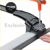 Black plastic roof rack mounting bracket with silver metal hardware being tightened with orange screwdriver on mazda cx-5 aluminum cross bars