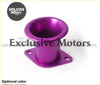 Purple anodized aluminum turbo flange with square base and four mounting holes for turbo inlets and bov botton use