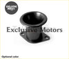 Black matte aluminum turbo flange with square base and four holes for turbo inlets and bov mounting