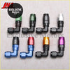 Set of colorful anodized aluminum an6 90 degree swivel elbow fuel line fittings with black threaded ends and branded caps
