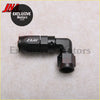 Black anodized aluminum an6 90 degree swivel elbow fuel line fitting with low profile design and hub logo on body