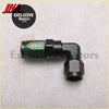 Black and green anodized aluminum an6 90 degree swivel elbow fuel line fitting with hexagonal nut design