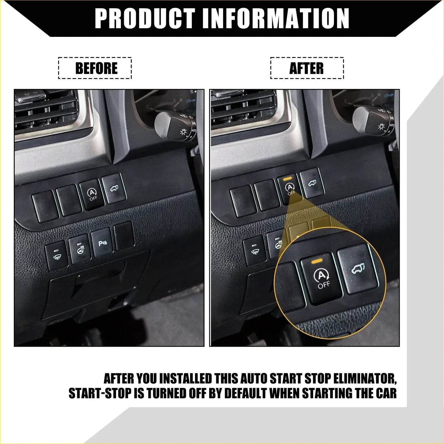 Black auto start stop eliminator with yellow accent around a off button for toyota highlander 2015 2021