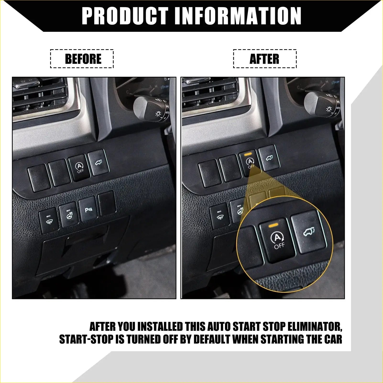 Black auto start stop eliminator with yellow accent around a off button for toyota highlander 2015 2021