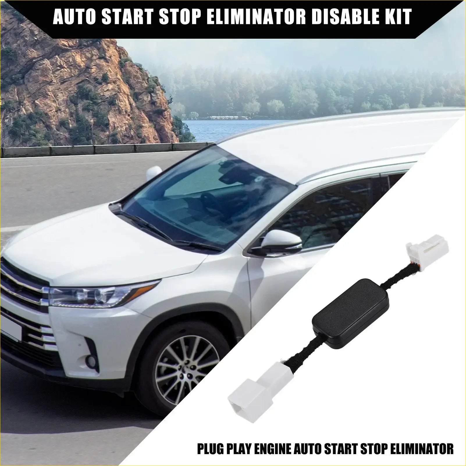 Black rectangular auto start stop eliminator with white plastic connectors and cable for toyota highlander 2015-2021