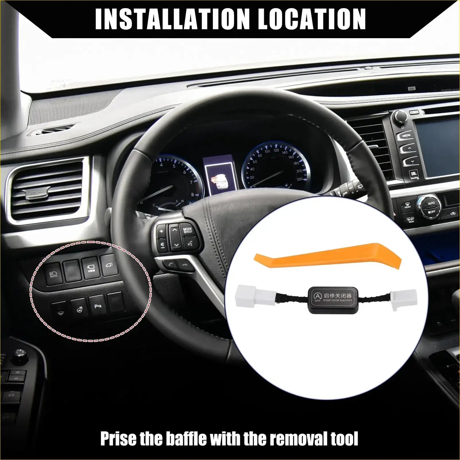Orange plastic removal tool with black connector and white ends for auto start stop a-off cable toyota highlander 2015-2021