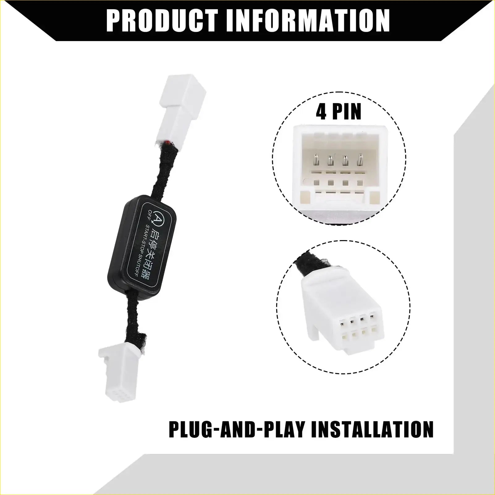 Black and white 4-pin auto start stop a-off cable for Toyota Highlander with compact body and black braided cable