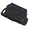 Black plastic automatic transmission cover for ford bronco sport with grid pattern and mounting holes visible