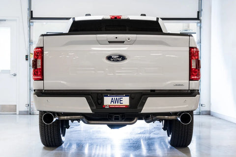 AWE Tuning 0FG 21+ Ford F150 Dual Side Exit Cat-Back Exhaust- 4.5in Chrome Silver Tips — fits Ford F-150 Gen 9