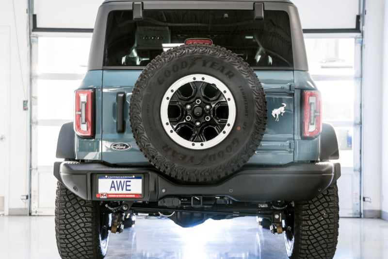AWE Tuning 2021+ Ford Bronco 0FG Dual Rear Exit Exhaust w/Diamond Black Tips & Bash Guard