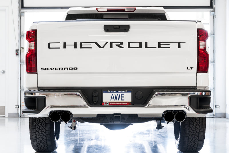 AWE Tuning 4th Gen GM 1500 6.2L 0FG Catback Split Rear Exit (w/ Bumper Cutouts) - Quad Chrome Tips — fits Chevrolet...