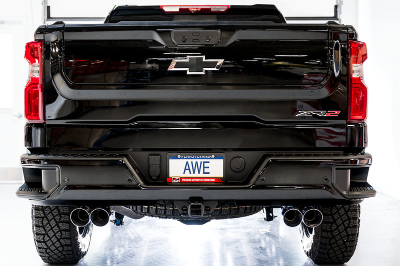 AWE Tuning 22-23 GMC Sierra 1500 AT4X 6.2L 0FG Catback Split Dual (Flat Bumper) - Chrome Silver Tips