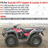 Red and black suzuki quadrunner 250 atv with rugged tires and rear cargo rack shown from the back for ball joint 4 pack