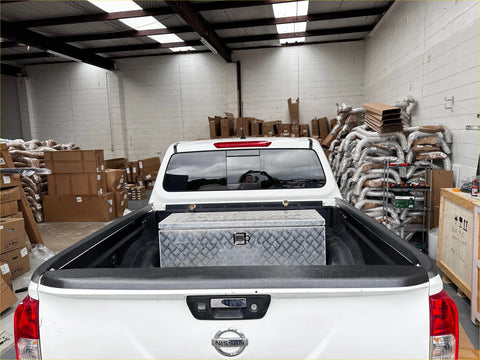 Silver diamond plate aluminum truck bed toolbox shown from back for bedside rail covers 3 piece set nissan navara np300 2015 2020
