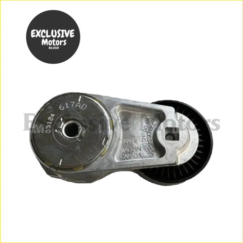 Silver metal belt tensioner assembly with black rubber pulley and engraved part number 05184 617ad made in Canada for Jeep Grand Cherokee and Chrysler 300C 3.6L