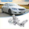 Silver metallic belt tensioner pulley assembly with cylindrical roller and brackets for Toyota 4Runner FJ Tacoma Tundra