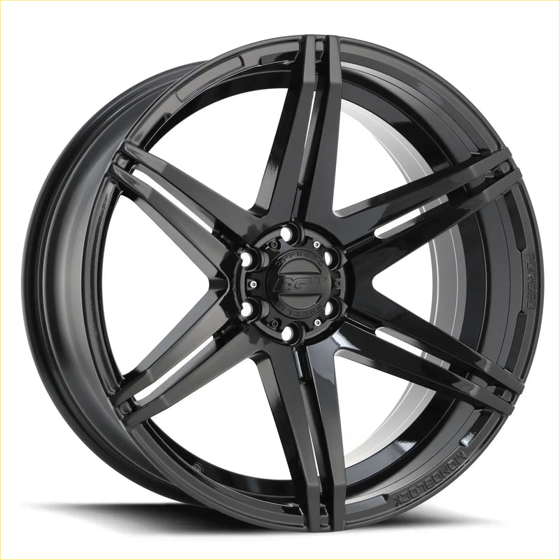Black gloss-finished BGW tempest alloy wheel with five-spoke design and zen logo hubcap