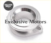 Shiny chrome-finished billet aluminium adapter flange with circular opening and mounting bracket for 50mm blow off valve