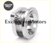 Shiny chrome-finished billet aluminium adapter flange with machined cylindrical design for 50mm blow off valve