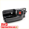 Black plastic door handle and bezel for Toyota Hilux SR5 2004-2013 showing red button on latch back side