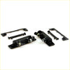 Black plastic door handle latch assembly with metal spring for toyota hilux ute 1984-1988 shown from back side