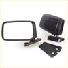 Black plastic door mirror set with mounting bracket and base plate for Nissan Datsun 720 Ute 1980-1986 shown from back side
