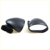 Black plastic side mirror covers for Nissan Datsun Bluebird showing reflective surface and mounting bracket back view
