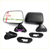 Black plastic door mirror assembly with 12.5x18 cm rectangular glass and mounting bracket for toyota hilux 1988-1998 shown disassembled