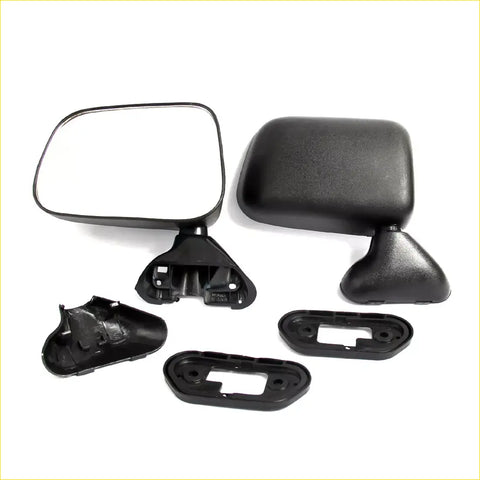 Black plastic door mirrors x2 with rectangular glass for Toyota Hilux Mighty-X 1988-1998 shown from back side