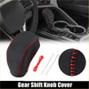 Black faux leather gear shift knob cover with red stitching for Toyota Highlander 2014-2023 shown with sewing tools