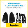Black plastic mirror covers and door handles kit for toyota hilux 2015 shown from the back side