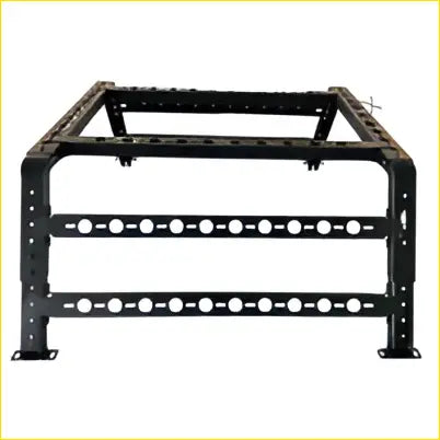Black powdercoated steel ute tub rack with sturdy industrial design and circular cutouts fits dmax hilux with led