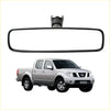 Black rear view mirror with textured mounting bracket shown above silver nissan frontier pickup truck