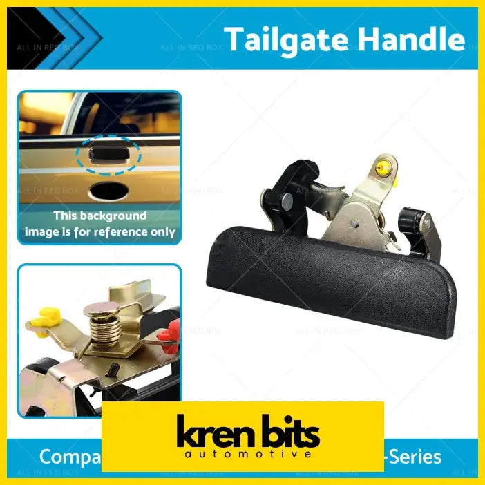 Black textured tailgate handle with metallic silver mechanism and yellow accent for mazda b-series ford courier pe pg