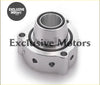 Shiny silver metallic blow off adaptor for vag fsit tfsi with central bore and mounting holes in hub bearing assembly