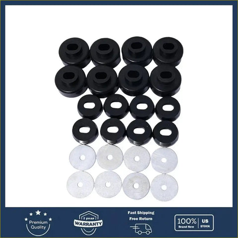 Set of black rubber body cab mount bushings with silver metal washers for chevy silverado sierra 1999 to 2014