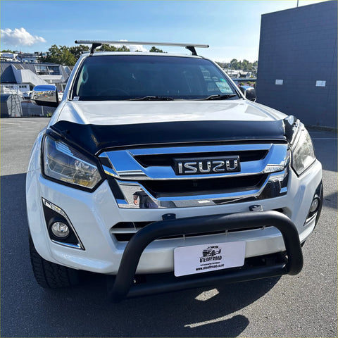 White isuzu d-max pickup truck with black bonnet guard protector stone guard and chrome grille 2016-2020 model