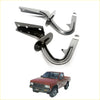Black and chrome metal tow hooks for pickup truck shown from the back side, compatible with nissan navara d21 1985-1997 bonnet hinge