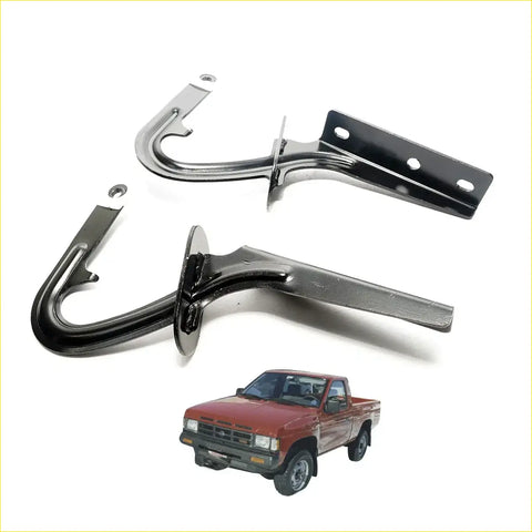 Black metal side mirror mount brackets for red pickup truck shown from back for bonnet hinge nissan navara d21 king cab