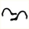 Black metal bonnet hinge for toyota hilux 1988-1997 with smooth curved design and mounting holes visible from back side