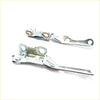 Silver metal bonnet hinge set for Toyota Hilux 1997-2005 with circular brass-colored rings and lever design latch assemblies