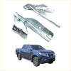 Silver metallic bonnet hinge x2 brackets for nissan navara d23 np300 2014-2023 shown from the back side