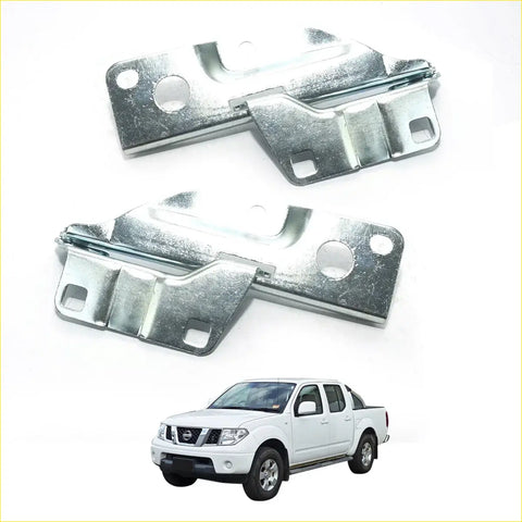 Silver metallic bonnet hinge brackets made of metal for nissan navara d40 pickup trucks 2005-2021 back view