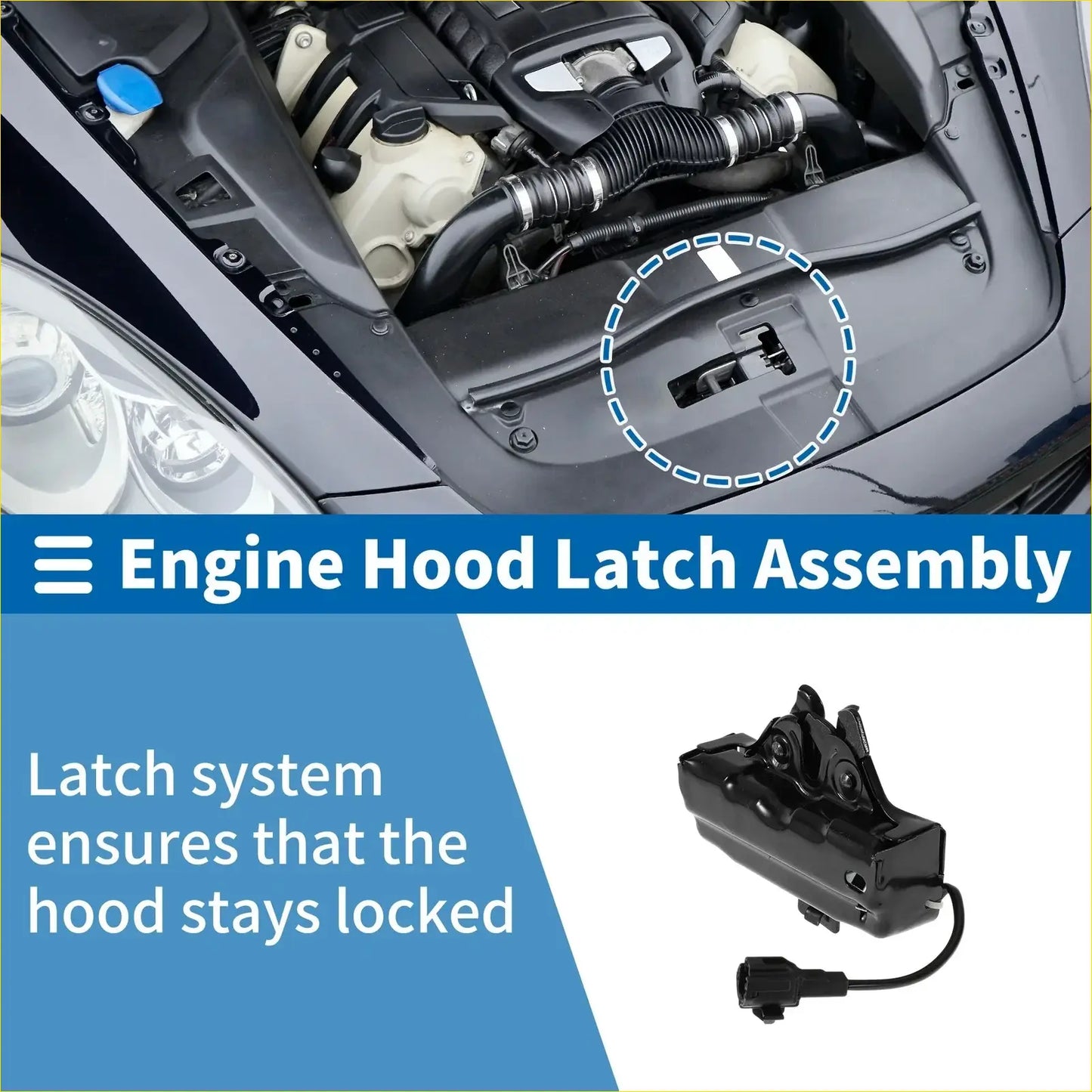Black plastic bonnet latch assembly with electrical wire for toyota crown 2005-2009 shown from back side