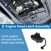 Black plastic bonnet latch assembly with electrical wire for Toyota Land Cruiser 1998-2005 shown from the back side