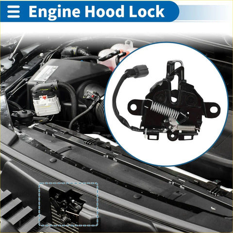 Close-up of black bonnet latch assembly with coiled spring and wiring for toyota land cruiser 2009-2017 shown from back side