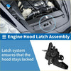Black plastic bonnet latch assembly with spring mechanism for Toyota Venza 2009-2016 shown from back side