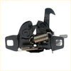 Black metal bonnet lock latch for Nissan Datsun Navara D21 with two coiled springs and hook mechanism back side view