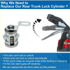 Silver metallic rear view of boot lock cylinder with lever handle and spring for toyota tundra 2014-2021