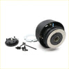 Black textured Boss Kit steering wheel hub adapter with silver center ring and wiring for Nissan Caravan Homy E24 back view